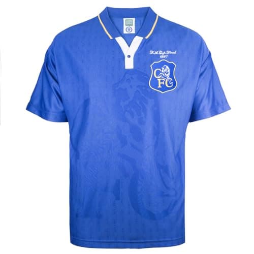 Image of Score Draw Chelsea 1997 FA Cup Final Retro Football Shirt Blue Large Polyester