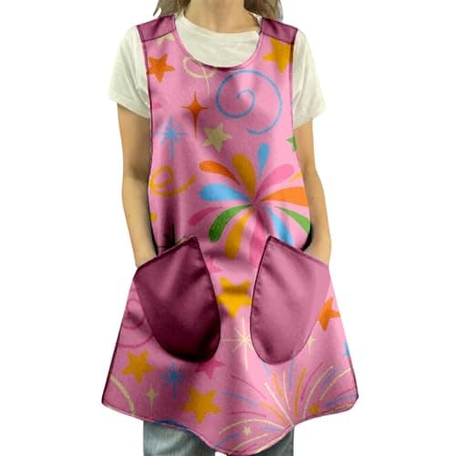 Image of Women's U Neck Sleeveless Apron Dress Abstract Star Fireworks Print Knee Length Smock with Pockets for Party Hosting Festivals Arts Crafts Home Wear Pink 3XL