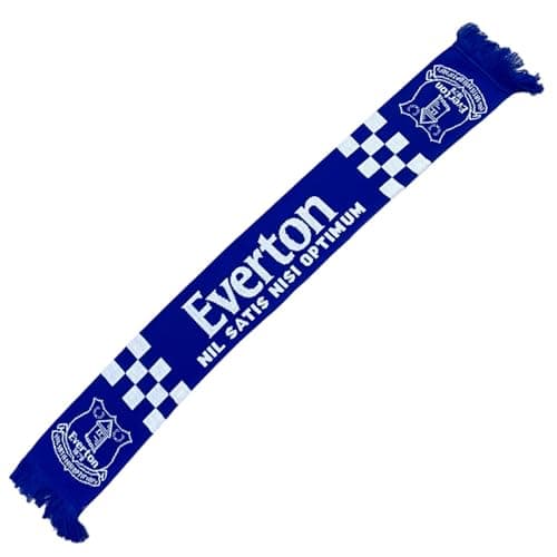 Image of Everton FC Royal Blue and White Check Football Scarf with Club Crest and Tassels, Official Product