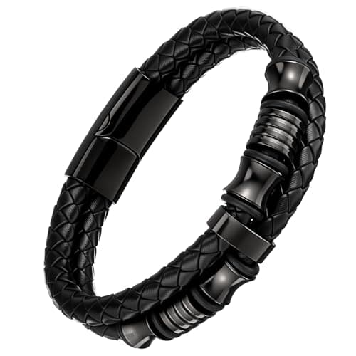 Image of HaiFafafaing Mens Leather Bracelet - Black Braided Multilayer Cuff Wrap - Leather Clasp Bracelet for Men