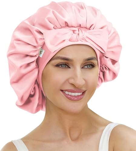 Image of ATNKE Silk Bonnet for Sleeping Women, Soft Double Layer Satin Lined Silk Hair Wrap Night Sleep Cap with Tie Band for Long Jumbo Curly Braids Natural Hair/Pink