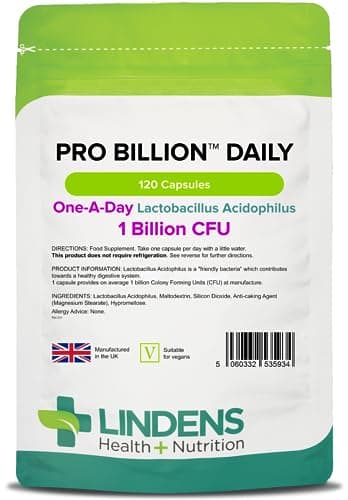 Image of Lindens - Pro Billion Daily - Acidophilus Lactobacillus - 120 Capsules - UK Made - 1 Billion CFU Friendly Bacteria - Supports Digestive Health - Vegan Friendly - GMP & Letterbox Friendly