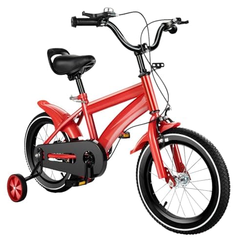 Image of Charocean 14 Inch Kids Bike for 3-7 Years Boys & Girls, Children Bike with Stabilisers & Bell, Kids Bicycle with Basket & Fenders, Beginner Bike Kids Cycle Adjustable Seat (Red)