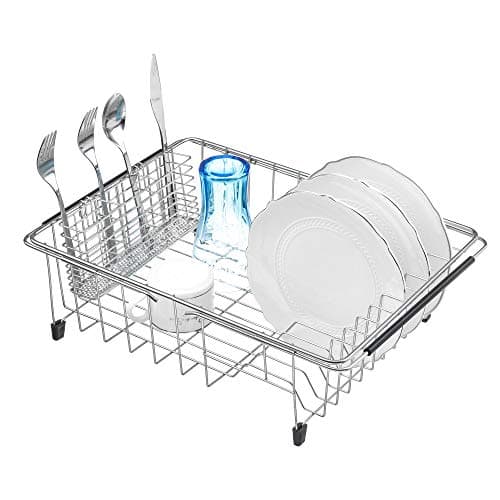 Image of iPEGTOP Expandable Dish Drying Rack and Utensil Cutlery Holder, 304 Stainless Steel Over Sink Dish Rack, Dish Drainer in Sink or On Counter, Rustproof