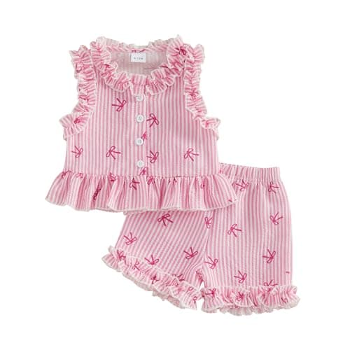 Image of XIXIMAON Summer Toddler Girl Clothes Bow Stripe Print Button Down Sleeveless Vest Shirt Ruffle Top Shorts Set 2pcs Cute Baby Girl Outfits (Pink, 12-18 Months)