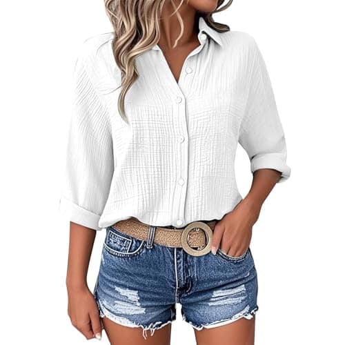 Image of Womens Tops Cotton Linen Blouses 3/4 Sleeve Shirts Ladies Summer T Shirts Plain Lightweight Button Down Tops Ladies V Neck Roll Up Sleeve Oversized Tees Loose Dressy Elegant Blouses Plus Size White