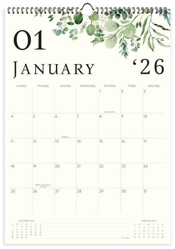 Image of Wall Calendar 2025-2026, 18 Months, Runs From January 2025 to June 2026, 17" x 12" Large Wall Calendar with Hanger, Thick Paper and Spiral Binding. Watercolor Eucalyptus Design.
