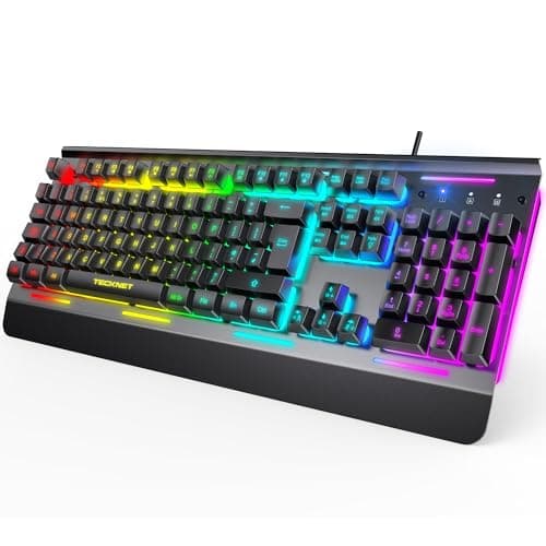 Image of TECKNET RGB Gaming Keyboard UK Layout, USB Wired Computer Keyboard with 15-Zone RGB Illumination, All-Metal Panel, 25 Anti-ghosting Keys, 105 Keys, IP32 Water & Dust Resistant, 90% Quiet Keyboards