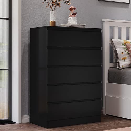 Image of Panana Wooden 3/4/5/6 Chest of Drawers with Metal Runners Modern Bedside Storage Cabinet for Living Room Hallway Bedroom (Black, 5 Drawer Chest)