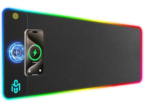 Image of GIM Wireless Charging RGB Gaming Mouse Pad 15W, LED Mouse Mat 800x350x4MM, 10 Light Modes Extra Large Mousepad Non-Slip Rubber Base Computer Keyboard Mat for Gaming (Black-PU)