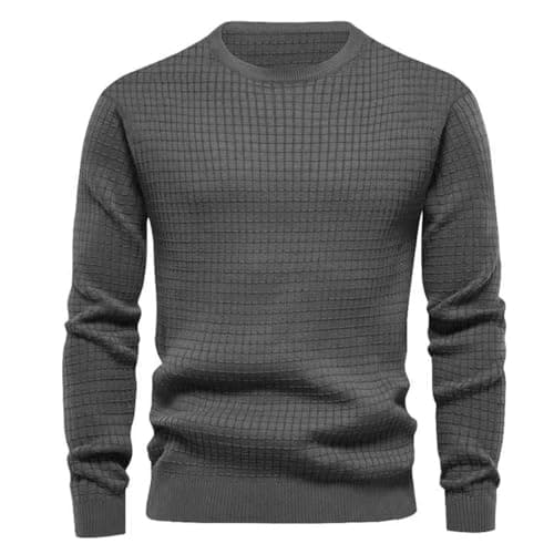 Image of MakingDa Mens Crew Neck Jumper Waffle Pullover Long Sleeve Sweatshirts Solid Ribbed Cuff Regular Fit Sweater Vintage Soft Classic Lightweight Work Casual Jumpers Grey M