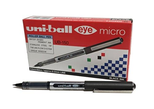Image of uni-ball Eye Micro Black Rollerball Pens, Premium 0.5mm Ballpoint Tip for Super Smooth Handwriting, Drawing, Art, Crafts, Colouring, School, Fade and Water Resistant Liquid Uni Super Ink, 12 Pack