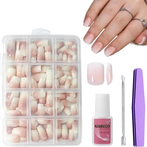 Image of Square False Nails Set - 240Pcs Natural Gradient Pink Fake Nails - 240Pcs Natural Gradient Pink Fake Nails with Glue - 12 Sizes Glossy Full Cover Stick on Nail for Women Girls Manicure Art