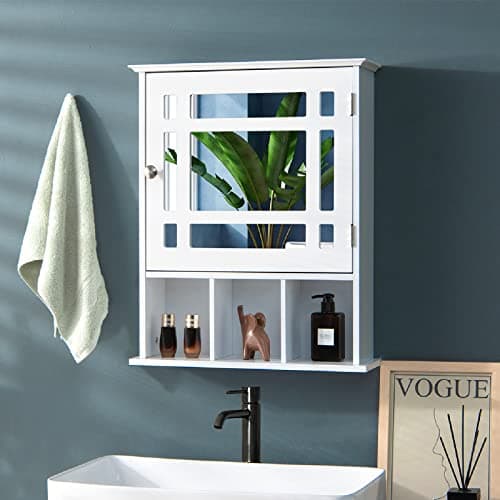 Image of CASART Wall Mounted Bathroom Cabinet, Single Door Storage Mirrored Cupboard with Adjustable Shelf and 3 Open Compartments, Wooden Mirror Organizer for Bedroom, Living Room, Bathroom (White)