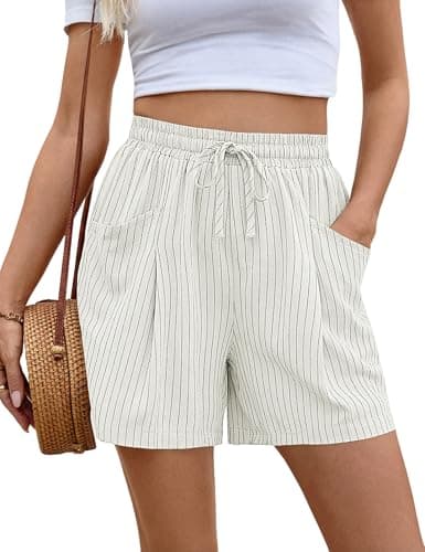 Image of Rapbin Womens Shorts Summer Linen Cotton Wide Leg Drawstring Elastic Waist Casual Shorts with Pockets White Pinstripe S