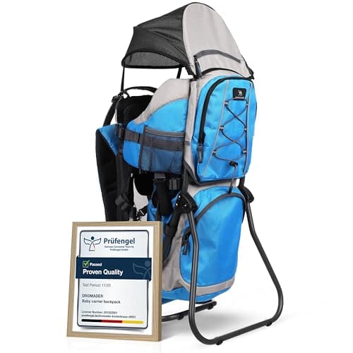 Image of DROMADER Baby Carrier Backpack - Toddler Hiking Backpack with Sun Canopy, Rain Cover, Insulated Pouch, Changing Mat & One-Hand Foldable Frame – Blue