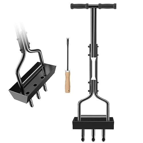 Image of vanpein Lawn Aerator Coring Tool Plug Aeration Manual 3 Core with Core Collection Storage Box, Hollow Tine Plug Core Aerators for Compacted Soils and Lawns Yard Garden, Black-3 Tine