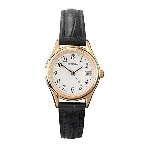 Image of Sekonda Robinson Womens Watch – 27mm Ladies Watch with White Dial, Date Window, Gold-Tone Case and Black Leather Strap – 30m Water Resistant – 2 Year Warranty