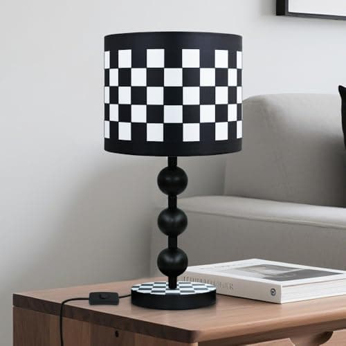 Image of YLTLINK Modern Black Lamp,Table Lamp with Black and White Checkered Fabric Shade,Desk Light for Living Room Bedroom Office,Requires E27 Bulb, Bedside Lamps with Button Switch,Study Reading Desk Lamps