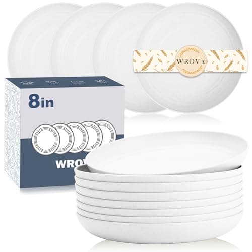 Image of Wrova Plastic Plate Sets of 8 - Unbreakable Dessert Plates Reusable Dinner Plate 8 Inch Dishwasher & Microwave Safe Kitchen Plates - White