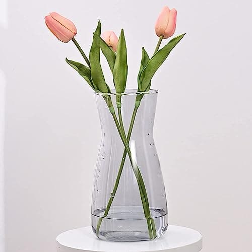 Image of Vzmiza Grey Glass Vase - Premium Quality Flower Flowers Rustic Home Decor, Decorative Modern Farmhouse, Ideal Shelf, Table & Entryway Patented Design, 20x9.4x9.4 cm (Vz1-Grey)