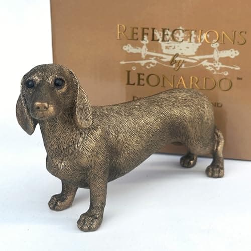 Image of Lesser & Pavey Leonardo Dachshund figurine Reflections Bronze Sausage Dog lover gold gift box