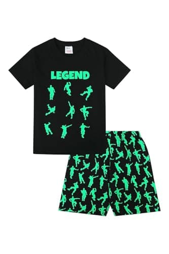 Image of ThePyjamaFactory Emote Legend Dance Gaming All Over Gaming Black Green Cotton Short Pyjamas (8-9 Years)