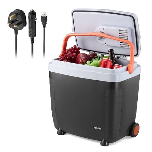 Image of VonShef 28L Electric Cool Box, Large Insulated Cooler Box with Wheels, Hot & Cold Function, Three Power Options (3-Pin 240v Wall Plug, USB & 12v Car Plug), Removable Lid, Festival Camping Accessories