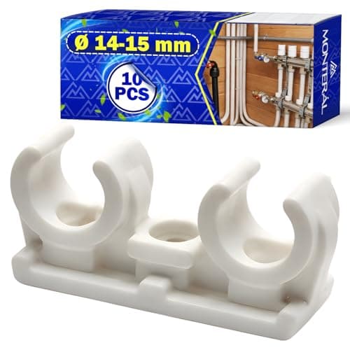 Image of 10 Pieces Plastic Double Pipe Clip Ø 14-15 mm M6 - Pipe Clips Made of Polypropylene in White Colour - MONTERAL