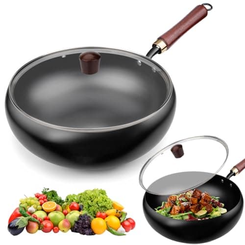 Image of Quixion Wok Non Stick, New Chinese Handmade Cast Iron Wok with Glass Lid, Wok with Lid Non Stick, Cast Iron Wok, No Chemical Coated,Traditional Carbon Steel Woks,Ideal for Induction,Gas,All Hobs 28cm