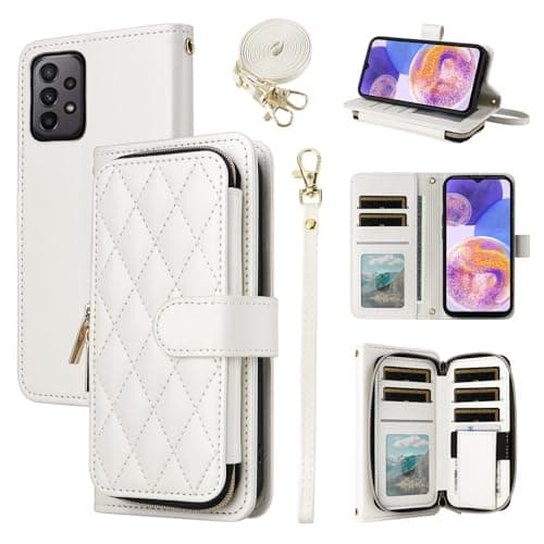 Image of ELISORLI Wallet Case for Samsung Galaxy A33 5G with Detachable Wrist Strap,Crossbody Shoulder Strap,9+ Card Slots Zipper Purse,Luxury PU Leather Stand Cell Phone Cover for A 33 33A Girls Women White