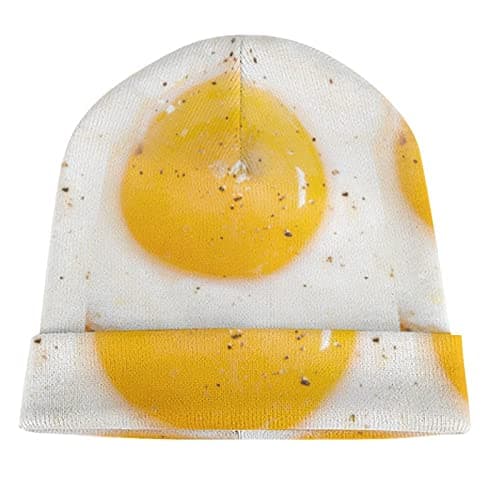 Image of Oudrspo Fried Egg Food Beanie Hat Cancer Headwear Knitted Skull Cap Funny Cuffed Roll-Up Edge Pullover Cap for Women, Men