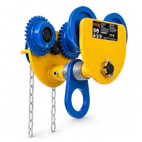 Image of KATSU Tools Heavy Duty 2 Ton Overhead Geared Beam Trolley Hoist Lifting Tackle with Chain, Adjustable Width Lifting Tackle for Garage Workshop Warehouse, Model 181972