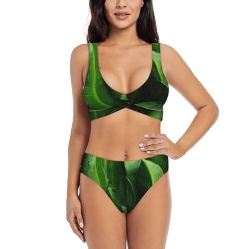Image of Tamiger Fresh Banana Leaves Print Women's Two-Piece Bikini Set Swimwear for Beach Pool Cruise Vacations Parties Black