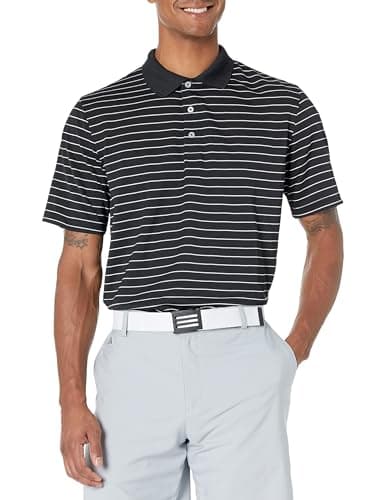 Image of Amazon Essentials Men's Regular-Fit Quick-Dry Golf Polo Shirt - Discontinued Colours, Black Stripes, XS