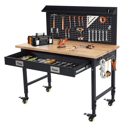 Image of Oak & Carbon Steel Heavy Duty Adjustable Height Workbench - 28-39.5" H, 48" x 24" Top, 2000lbs Capacity