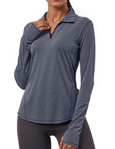 Image of Gyabnw Long Sleeve Yoga Tops for Women UK Gym Running Jacket Workout Sport Tshirt Half-Zip Activewear with Thumb Holes Pocket Heather Navy