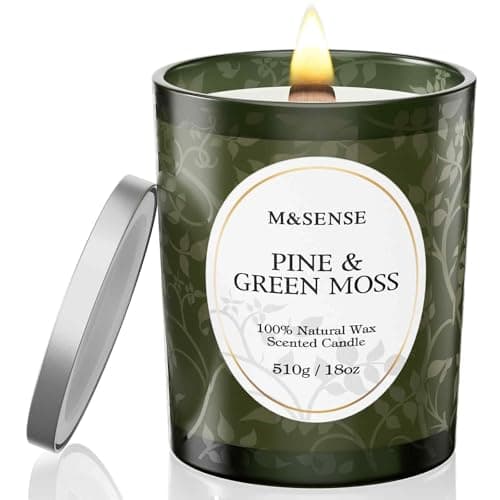 Image of M&SENSE 510g Scented Candle, Pine Green Moss Scent, Wooden Wick Candle, Crackling Candles, 100h Long Burning Large Candles, Natural Organic Soy Wax, Gift for Men,Women,Family,Friend