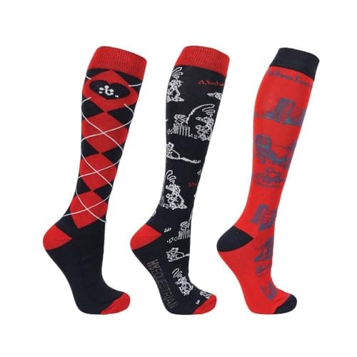 Image of HY EQUESTRIAN Thelwell Collection Practice Makes Perfect Socks (Pack of 3), Red/Navy (Mitz 12-4)