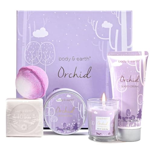 Image of BODY & EARTH Luxury Gifts for Women, 5 Pcs Orchid Bath Spa Gift Set Includes Scented Candle, Body Butter, Hand Cream,Birthday Gift Sets for her Pregnant Women,Mother Day Valentine's Day Gifts