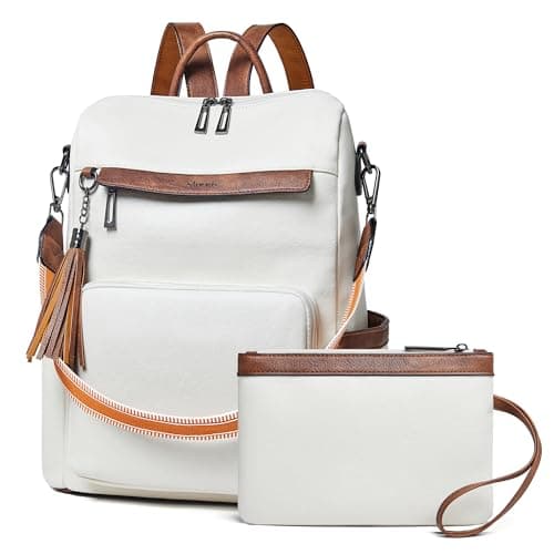 Image of Shrrie Vegan Leather Backpack for Women Backpack Purse 15.6 inch Womens Laptop Backpack for College Travel Work-Beige with Brown