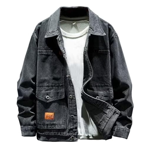 Image of YOSUWOAI Men's Oversized Denim Jacket, Cowboy Transition Jacket, Trucker Jacket with Multiple Pockets, Biker Style Jeans Jacket, Spring/Autumn Denim Jacket, Cargo Outdoor Jacket, O Grey, 5XL