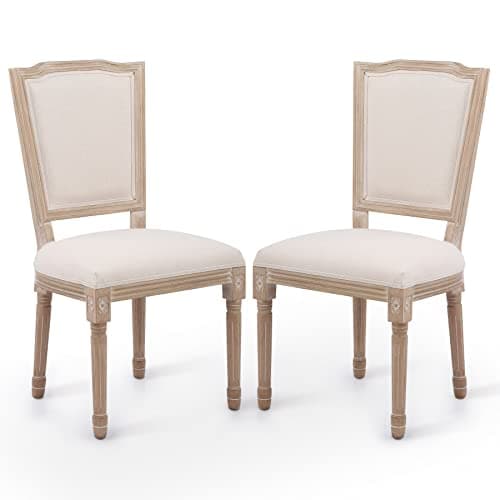 Image of VONLUCE Vintage Farmhouse Dining Chairs – Set of 2 French Country Upholstered Memory Foam Dining Room Accent Chairs with Square Back Solid Wood Legs