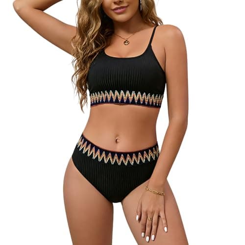 Image of GOZINA Women's Bikini Set, Boho Scoop Neck High Waisted Bikini Sets, 2 Piece Swimsuit with Adjustable Straps ＆ Removable Padded Cups (UK, Alpha, L, Regular, Regular, Black)