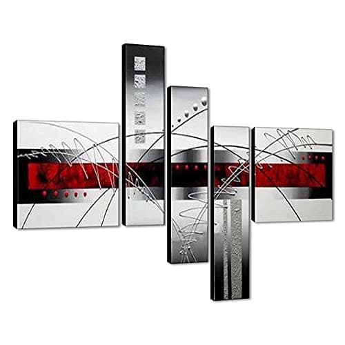 Image of Wieco Art 5-Piece Perfect White Lines Stretched and Framed Hand-Painted Modern Abstract Oil Paintings on Canvas Wall Art Set