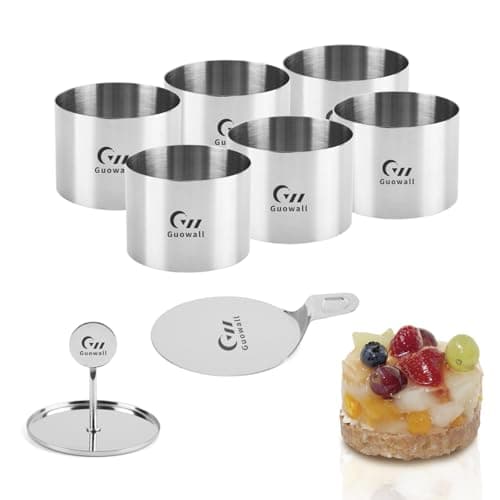Image of Guowall Cake Rings Set, 3 Inch Mousse Rings Stainless Steel Seamless Dessert Moulds with Food Press and Spatula, Round Mould for Crumpets Mousse Pastry Desserts