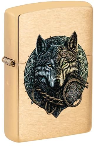 Image of Zippo Windproof Lighter - Wolf Warrior, Brushed Brass, Colour Image, Refillable, Reusable, Windproof Design, Gift Box, Made in USA
