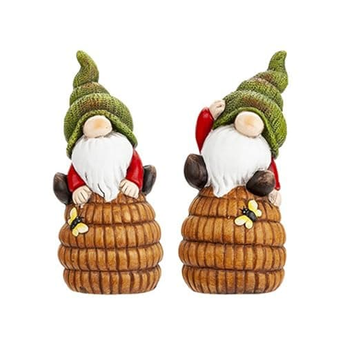 Image of PMS Set of 2 17cm Gonk Gnome Sitting on Beehive Ceramic Garden Ornament Decoration