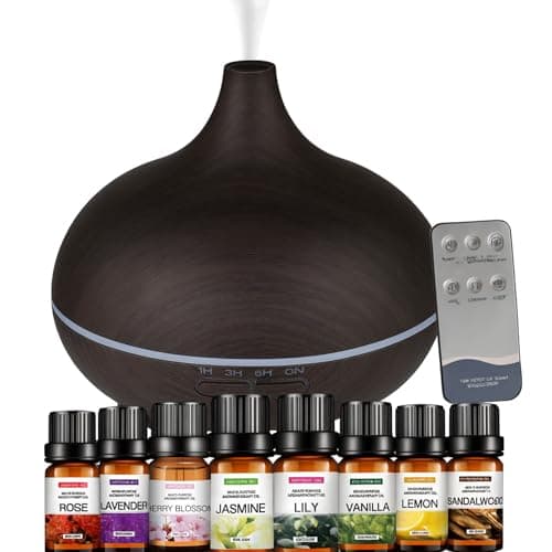 Image of Diffusers 500ML with 8 Essential Oils Set - Essential Oil Diffuser with Remote Control - Aromatherapy Oil Diffusers With 7 LED Lights - Dark Wood Grain Ultrasonic Cool Mist - For Home Bedroom Office