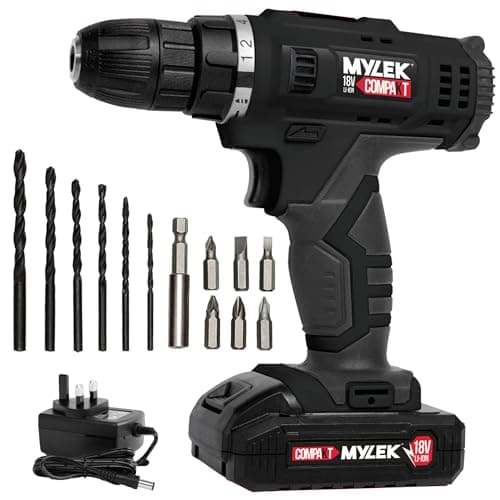 Image of MYLEK MYW09 18V Cordless Drill Electric Screwdriver Set, Powerful Lithium Ion Battery Pack, 18 Volts Combi Driver, DIY Accessory Kit, Black